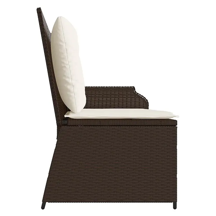 Furnicato Gartenbank Poly-Rattan Cremeweiß - B x T x H: 67 x 110 x 95 cm, Braun und Cremeweiß - Seitenansicht eines dunkelbraunen Rattan-Gartenstuhls mit cremefarbenen Kissen.