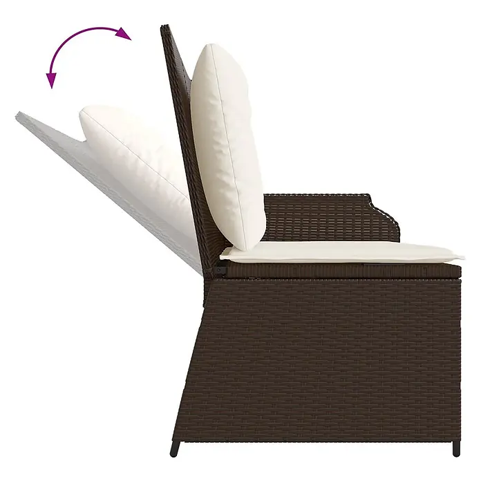 Furnicato Gartenbank Poly-Rattan Cremeweiß - B x T x H: 67 x 110 x 95 cm, Braun und Cremeweiß - Brauner Polyrattan-Gartenstuhl mit cremefarbenen Kissen, der seine verstellbare Rückenlehne zeigt.