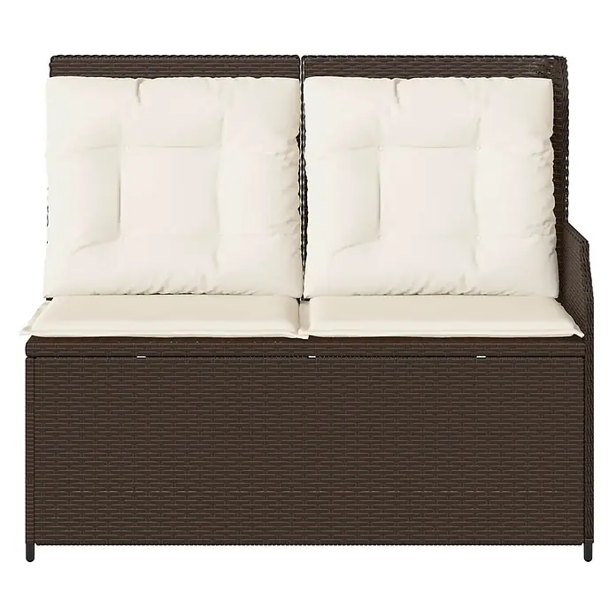 Furnicato Gartenbank Poly-Rattan Cremeweiß - B x T x H: 67 x 110 x 95 cm, Braun und Cremeweiß - Braune Polyrattan 2-Sitzer Gartenbank mit Stauraum und cremefarbenen Kissen.