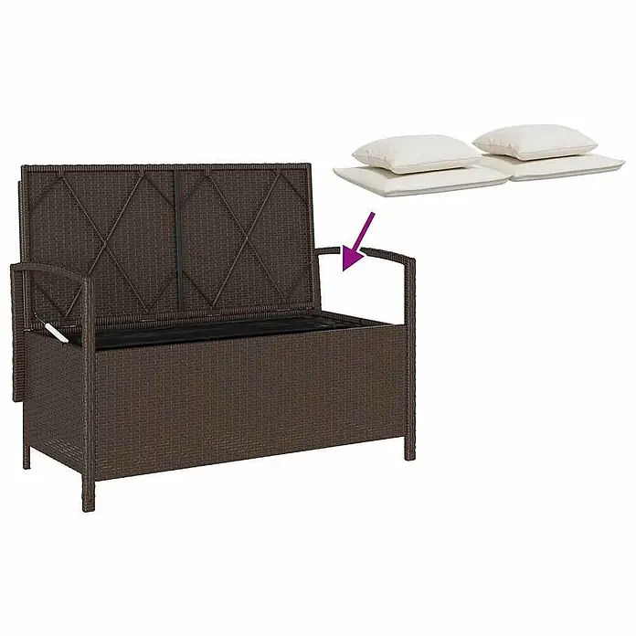 Furnicato Gartenbank - B x T x H: 111 x 56 x 87 cm, Braun und Creme - Braune Polyrattan-Sitzbank mit offenem Deckel, schwarzem Innenfutter und beiliegenden cremefarbenen Kissen.