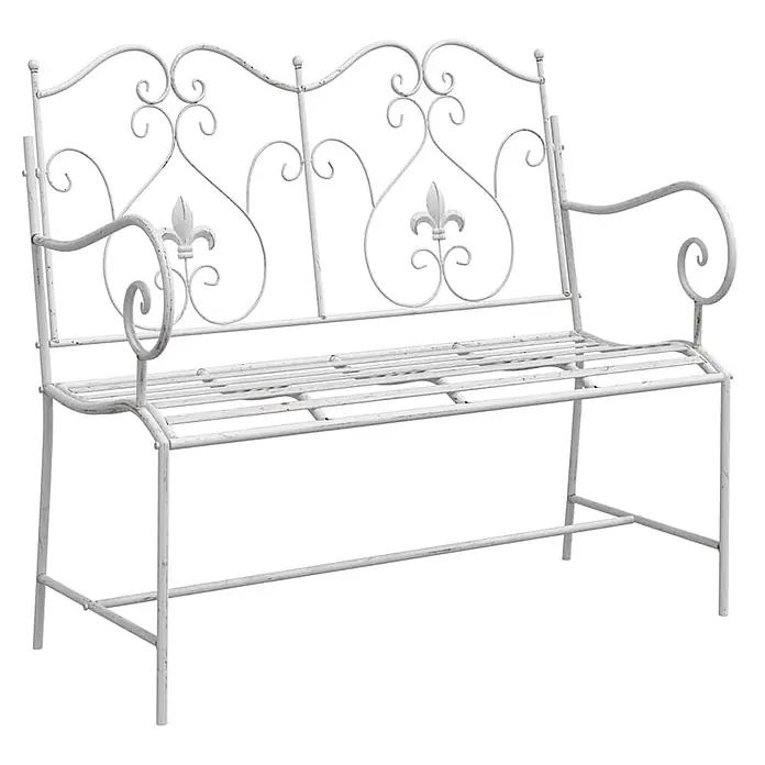 Furnicato Gartenbank Stahl Antik-Weiß - B x T x H: 54 x 104 x 93 cm, Weiß - Weiße Gartenbank aus patiniertem Metall mit dekorativer Rückenlehne und Armlehnen im Schmiedeeisen-Stil.