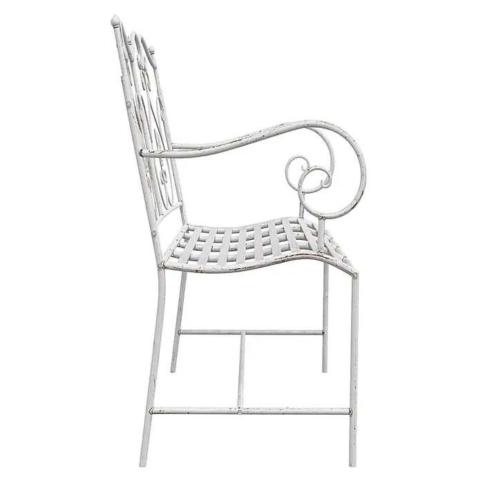 Furnicato Gartenbank Stahl Antik-Weiß - B x T x H: 54 x 104 x 93 cm, Weiß - Weißer, verwitterter Metall-Gartenstuhl mit verzierten Schnörkeln, Seitenansicht.