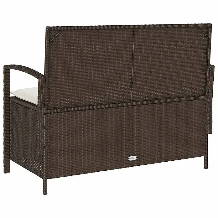 Furnicato Gartenbank PE-Rattan - B x T x H: 111 x 56 x 87 cm, Braun und Creme - Braune Rattan-Sitzbank mit Stauraum und weißem Kissen, ideal für den Außenbereich.