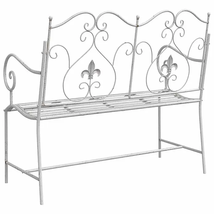 Furnicato Gartenbank Stahl Antik-Weiß - B x T x H: 54 x 104 x 93 cm, Weiß - Weiße, patinierte Metallgartenbank mit dekorativer geschwungener Rückenlehne und Fleur-de-lis-Akzenten.