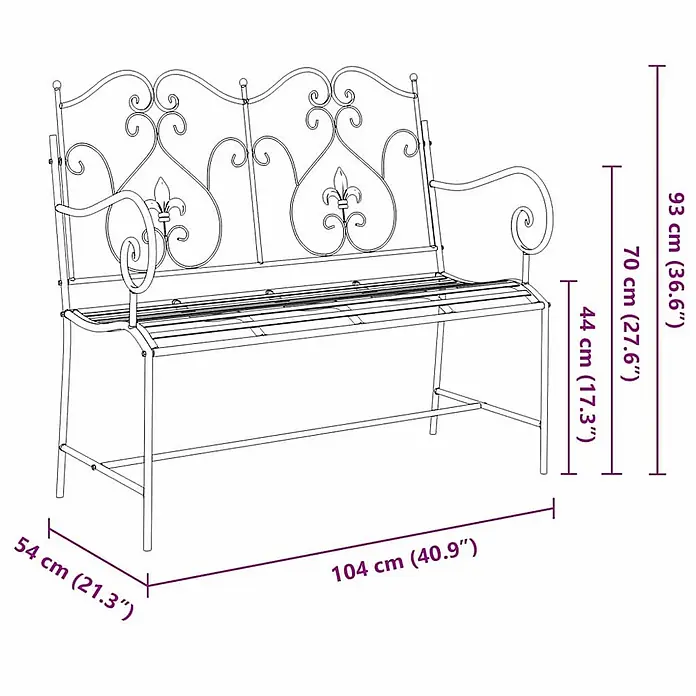 Furnicato Gartenbank Stahl - B x T x H: 54 x 104 x 93 cm, Schwarz - Verzierte Gartenbank aus Metall mit dekorativer Rückenlehne und Armlehnen, Maße angezeigt.
