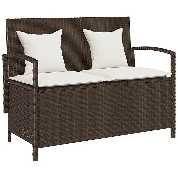 Furnicato Gartenbank PE-Rattan - B x T x H: 111 x 56 x 87 cm, Braun und Creme - Braune Rattan-Optik Gartenbank mit weißen Sitz- und Rückenkissen.