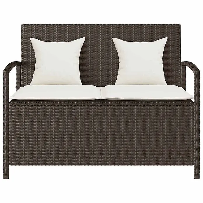 Furnicato Gartenbank PE-Rattan - B x T x H: 111 x 56 x 87 cm, Braun und Creme - Dunkelbraune Polyrattan Outdoor-Sitzbank mit Stauraum und weißen Kissen.