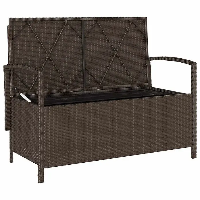 Furnicato Gartenbank PE-Rattan - B x T x H: 111 x 56 x 87 cm, Braun und Creme - Braune Rattan-Gartenbank mit Stauraum, der Deckel ist geöffnet.