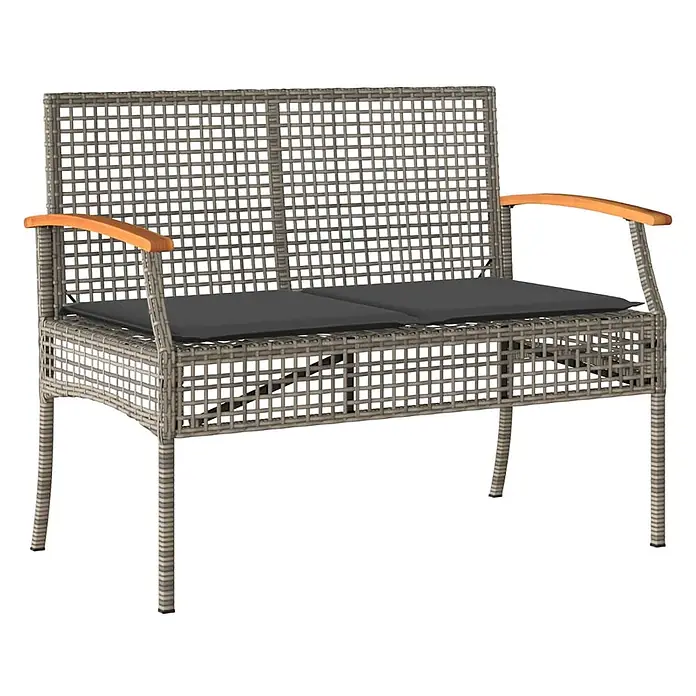 Furnicato Gartenbank - Grau - Graue Gartenbank aus Polyrattan mit Holzarmlehnen und dunkelgrauen Kissen.