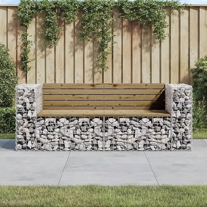 Furnicato Gartenbank Kiefernholz imprägniert - B x T x H: 184 x 71 x 65,5 cm, Dunkelbraun - Outdoor-Gabionenbank mit grauen Steinen in Metallkäfigen und hellbrauner Holzlehne und -sitzfläche.