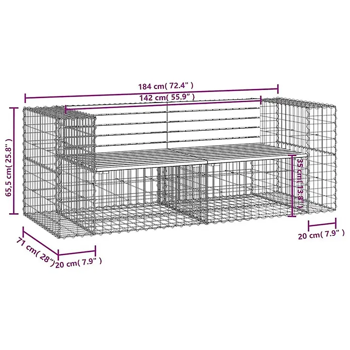 Furnicato Gartenbank Douglasien-Massivholz - B x T x H: 184 x 71 x 65,5 cm, Natürliches Douglasie - Gabionenbank mit Drahtgitterrahmen und Sitzfläche aus Holzlatten.