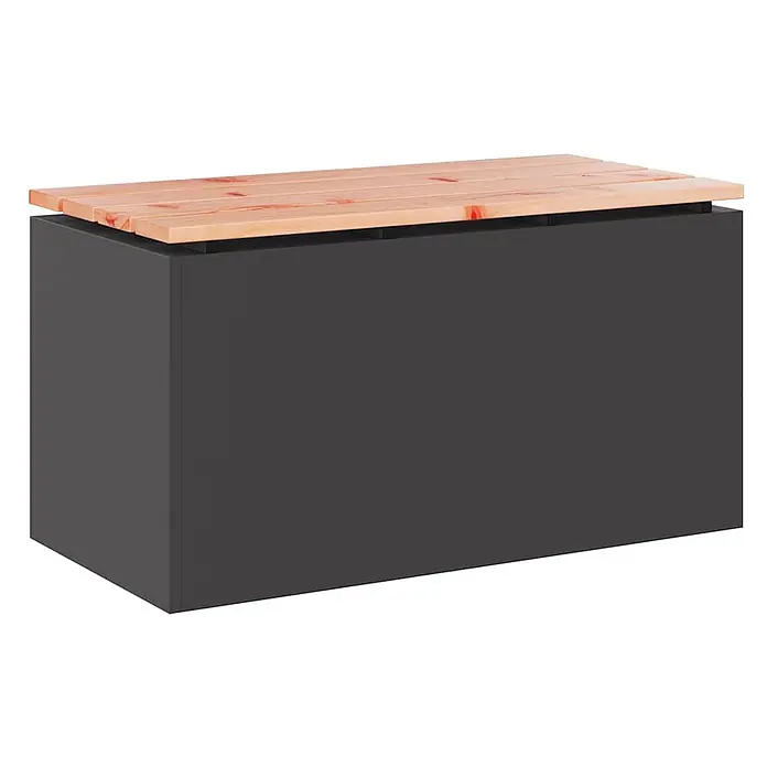 Furnicato Gartenbank - B x T x H: 40 x 40 x 43 cm, Schwarz - Dunkelgraue Outdoor-Aufbewahrungsbox mit heller Holzlattenabdeckung.