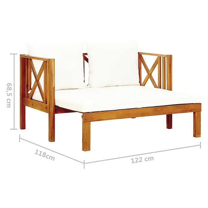 Furnicato Gartenbank - Creme - Zweisitzer-Gartensofa aus braunem Akazienholz mit weißen Kissen, für den Außenbereich geeignet.