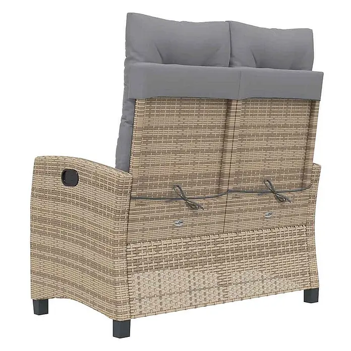 Furnicato Gartenbank - B x T x H: 66 x 90 x 93 cm, Beige und Grau - Zweisitzer-Gartenliege aus beigem Rattan mit grauen Kissen und schwarzen Füßen und Griff.