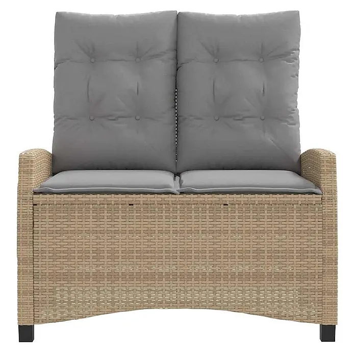 Furnicato Gartenbank - B x T x H: 66 x 90 x 93 cm, Beige und Grau - Zweisitzer-Gartenbank mit hellbraunem Geflechtaufbau und hohen grauen getufteten Kissen.
