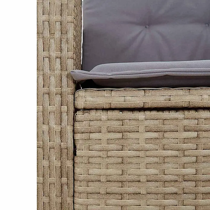 Furnicato Gartenbank - B x T x H: 66 x 90 x 93 cm, Beige und Grau - Nahaufnahme von hellbraunen Rattan-Gartenmöbeln mit grauen Rücken- und Sitzkissen.