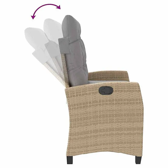 Furnicato Gartenbank - B x T x H: 66 x 90 x 93 cm, Beige und Grau - Beiger Sessel im Rattan-Stil mit grauem Kissen, der seine Liegefunktion zeigt.