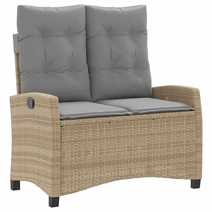 Furnicato Gartenbank - B x T x H: 66 x 90 x 93 cm, Beige und Grau - Zweisitzige beige Rattan-Gartenbank mit grauen Kissen und einem Liegemechanismus-Griff.