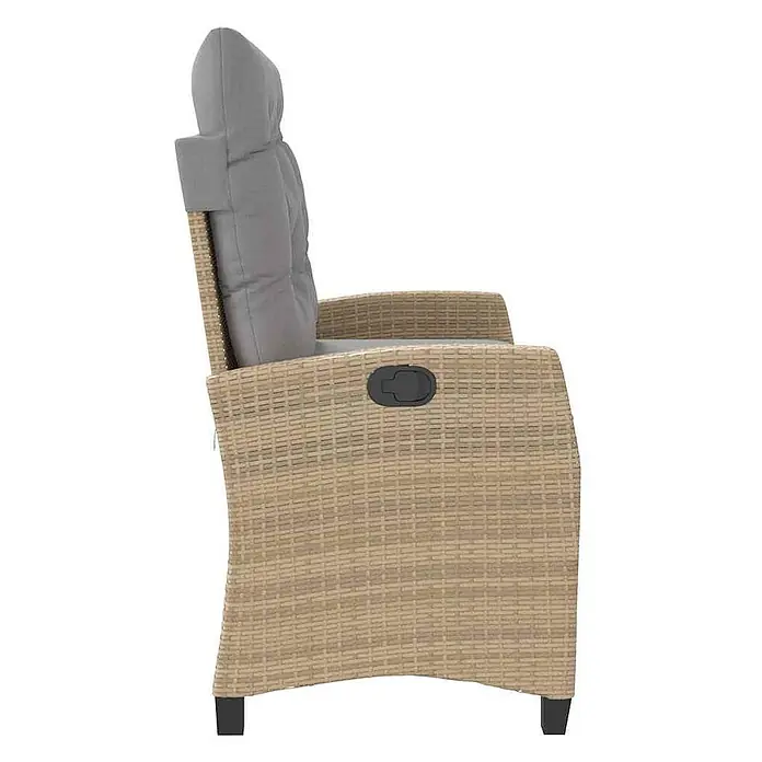 Furnicato Gartenbank - B x T x H: 66 x 90 x 93 cm, Beige und Grau - Seitenansicht eines beigen Korbsessels mit hellgrauen Kissen und schwarzem Neigungshebel.