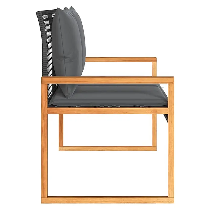 Furnicato Gartenbank - B x T x H: 61 x 119 x 79 cm, Schwarz - Outdoor-Sessel mit hellbraunem Holzrahmen, dunkelgrauem Geflecht und dicken dunkelgrauen Kissen, seitliche Ansicht.