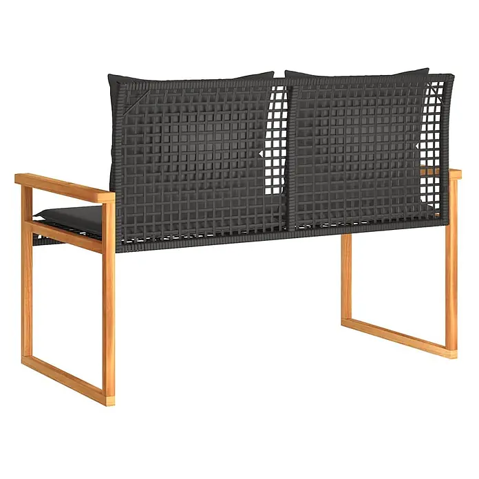 Furnicato Gartenbank - B x T x H: 61 x 119 x 79 cm, Schwarz - Zweisitzige Gartenbank mit dunkelgrauer Flechtlehne, Armlehnen und hellbraunem Holzrahmen mit passenden Kissen.