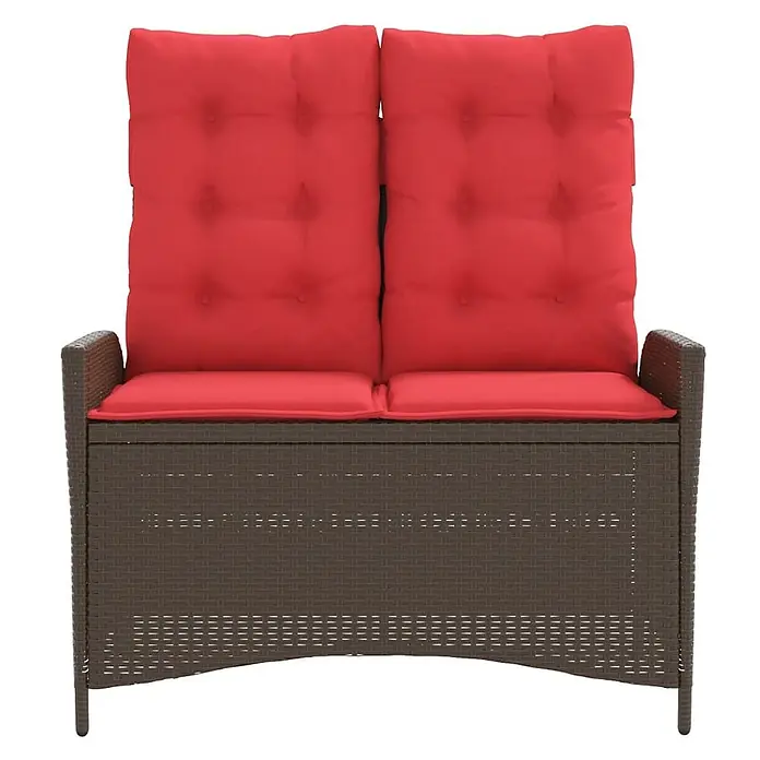 Furnicato Gartenbank PE-Rattan - B x T x H: 104 x 86 x 83 cm, Braun - Braune Rattan 2-Sitzer Gartenbank mit Stauraum und roten Kissen.
