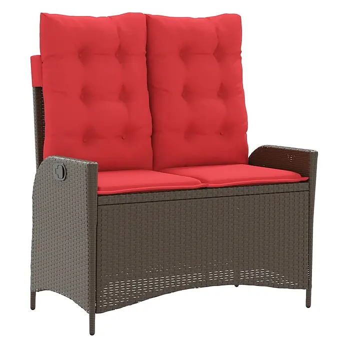 Furnicato Gartenbank PE-Rattan - B x T x H: 104 x 86 x 83 cm, Braun - Zweisitzige Gartenbank aus braunem Polyrattan mit roten Kissen.
