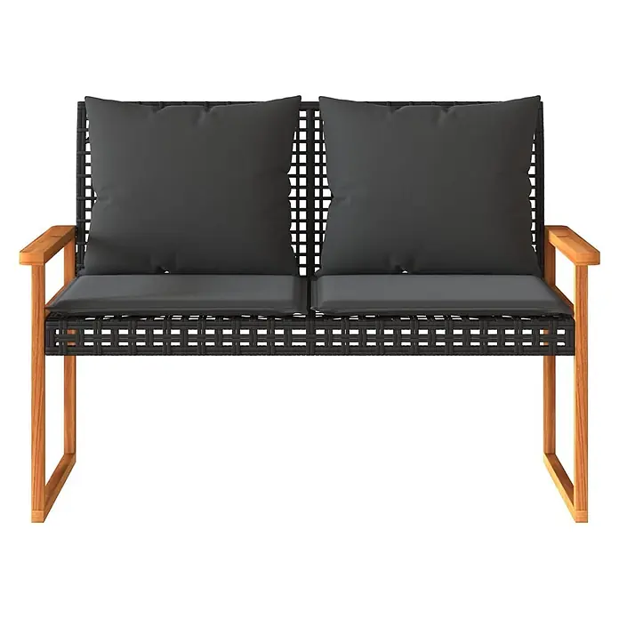 Furnicato Gartenbank - B x T x H: 61 x 119 x 79 cm, Schwarz - Zweisitzer-Gartenbank mit schwarzem Geflechtgestell, Holzarmlehnen und dunkelgrauen Kissen.