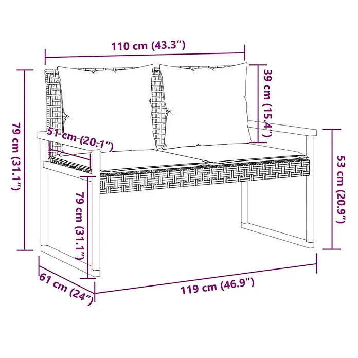 Furnicato Gartenbank - B x T x H: 61 x 119 x 79 cm, Schwarz - Bemaßte Skizze einer zweisitzigen Gartenbank mit Rattan-Optik-Gestell und Kissen.