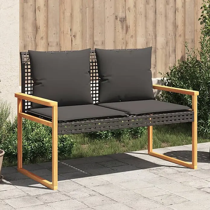 Furnicato Gartenbank - B x T x H: 61 x 119 x 79 cm, Schwarz - Zweisitzer-Gartenbank mit dunkelgrauen Kissen, dunkler Flechtfläche und hellem Holzrahmen.