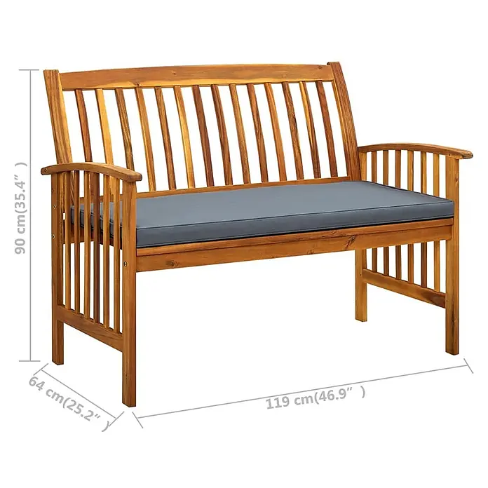 Furnicato Gartenbank Akazien-Massivholz geölt - B x T x H: 119 x 64 x 90 cm, Dunkelgrau - Braune Gartenbank aus Akazienholz mit Lattenlehne, Armlehnen und grauem Kissen. Maße: 119 cm breit, 64 cm tief, 90 cm hoch.