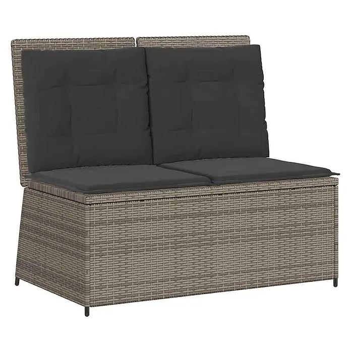 Furnicato Gartenbank - B x T x H: 95 x 108 x 95 cm, Grau - Zweisitzige hellbraune Rattan-Aufbewahrungsbank mit dunkelgrauen Sitz- und Rückenkissen.