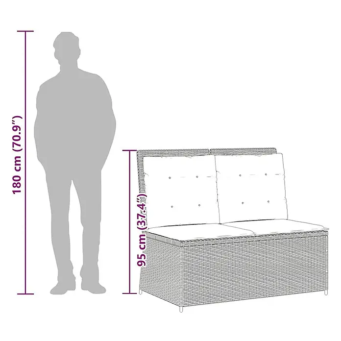 Furnicato Gartenbank - B x T x H: 95 x 108 x 95 cm, Grau - Zweisitzer-Gartensofa aus Rattan mit Kissen, 95 cm hoch, neben einer Person zur Größenreferenz.