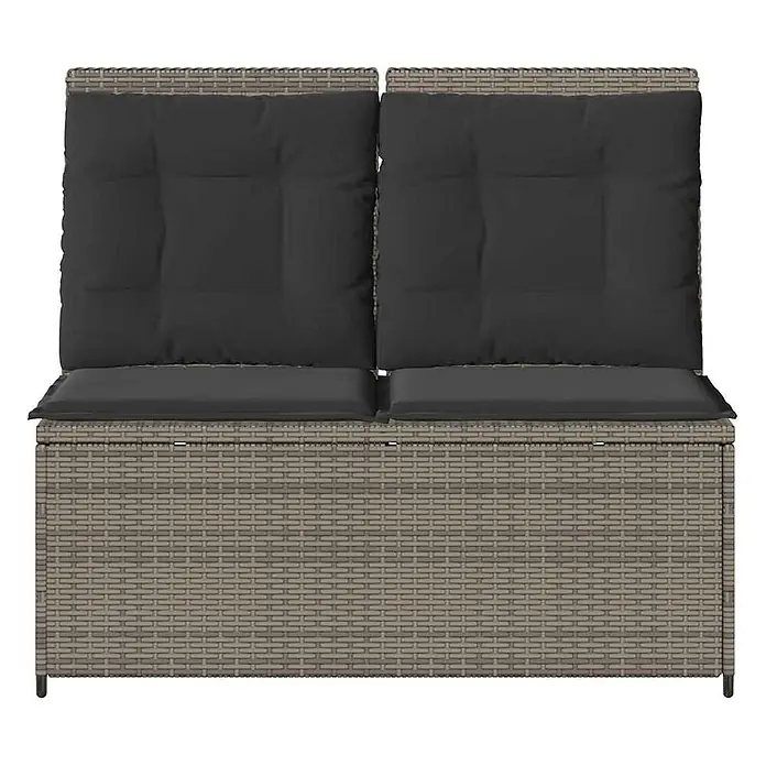 Furnicato Gartenbank - B x T x H: 95 x 108 x 95 cm, Grau - Zweisitzige graue Rattan-Optik Outdoor-Aufbewahrungsbank mit dunkelgrauen Kissen.