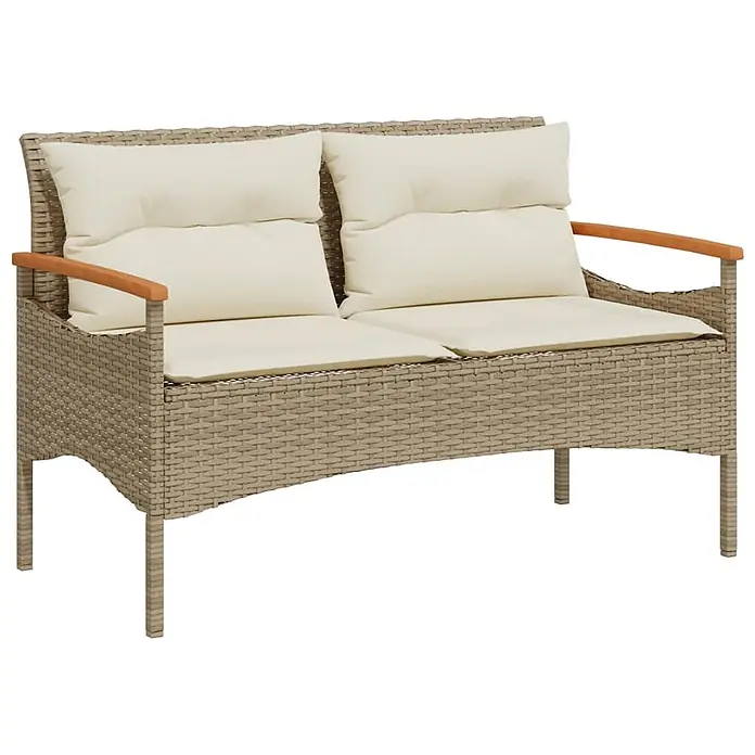 Furnicato Gartenbank PE-Rattan - B x T x H: 116 x 62,5 x 74 cm, Beige - Beiges 2-Sitzer Rattan-Gartensofa mit cremefarbenen Kissen und Holzarmlehnen.