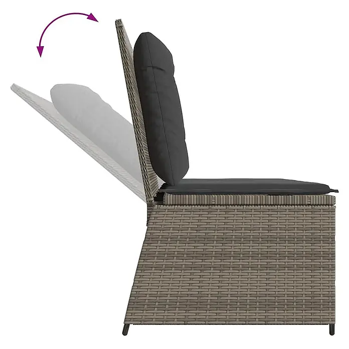 Furnicato Gartenbank - B x T x H: 95 x 108 x 95 cm, Grau - Grauer Gartenstuhl aus Polyrattan mit dunklen Kissen und verstellbarer Rückenlehne.