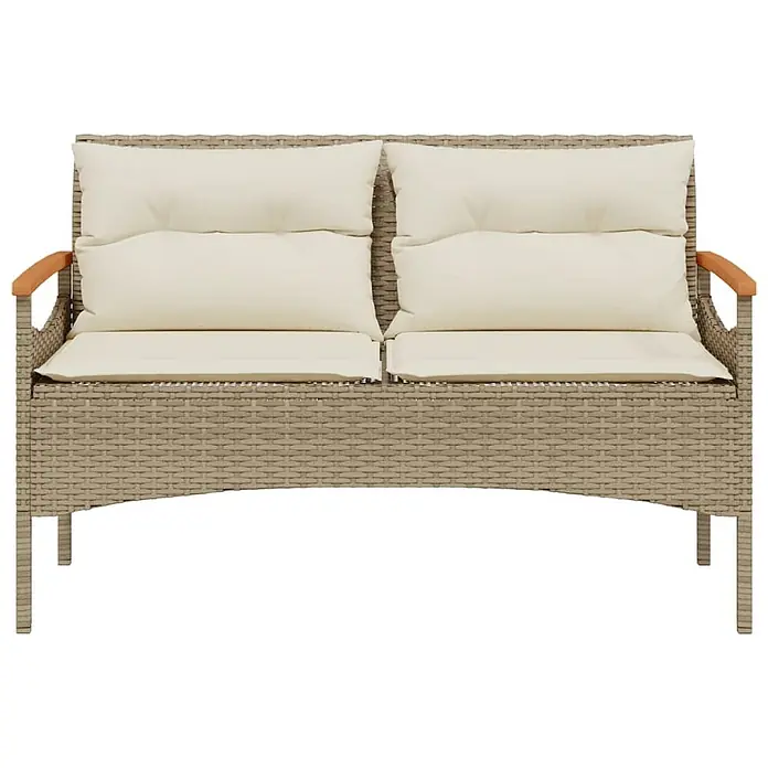 Furnicato Gartenbank PE-Rattan - B x T x H: 116 x 62,5 x 74 cm, Beige - Zweisitzer-Gartenbank aus beigem Rattan mit cremefarbenen Kissen und Holzarmlehnen.