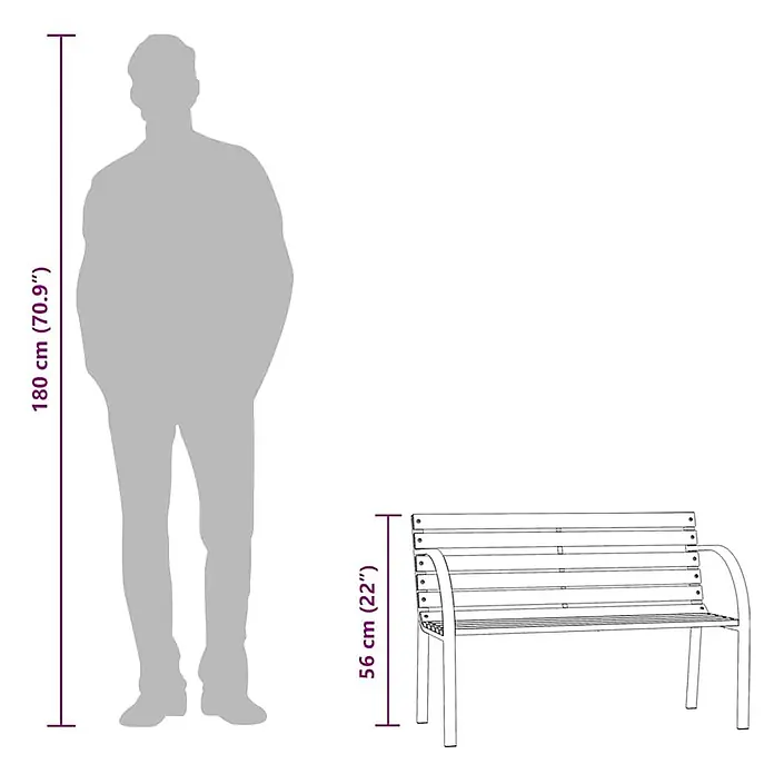 Furnicato Gartenbank Chinesisches Tannenholz - B x T x H: 81 x 38 x 56 cm, Braun - Bank mit 56 cm (22") Höhe, neben einer 180 cm (70,9") großen Personensilhouette zum Größenvergleich.
