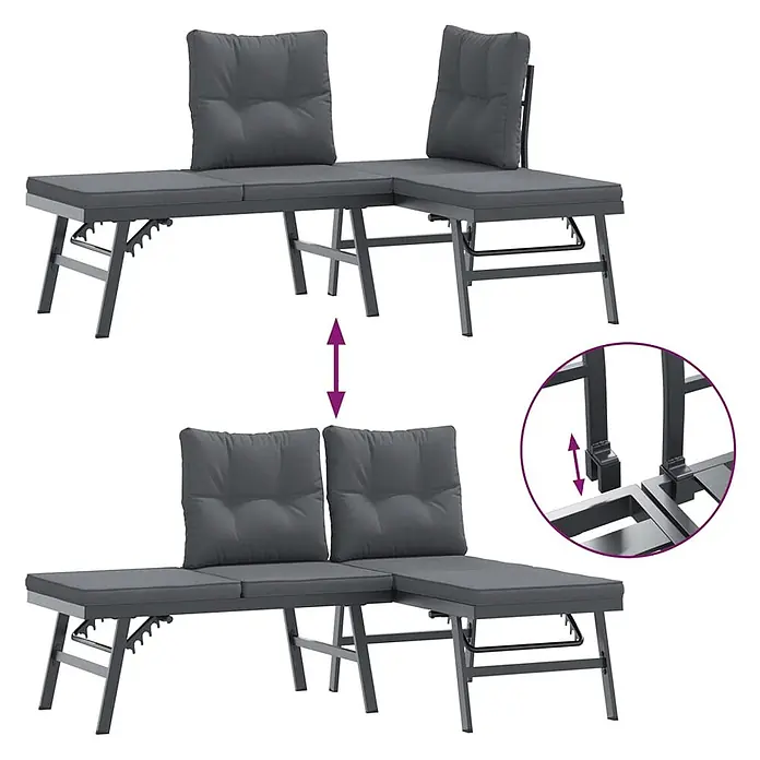 Furnicato Gartenbank pulverbeschichtet Anthrazit - B x T x H: 165 x 110 x 76 cm, Schwarz - Graues modulares Garten-Loungeset mit Kissen, in L-Form und als gerade Bank gezeigt, mit Fokus auf Verstellbarkeit.