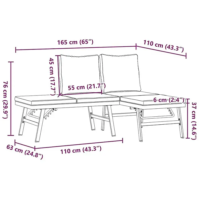Furnicato Gartenbank pulverbeschichtet Anthrazit - B x T x H: 165 x 110 x 76 cm, Schwarz - Maßzeichnung einer Gartenliege mit Kissen, die ihre Abmessungen wie Gesamtlänge, Höhe und verschiedene Segmentmaße zeigt.