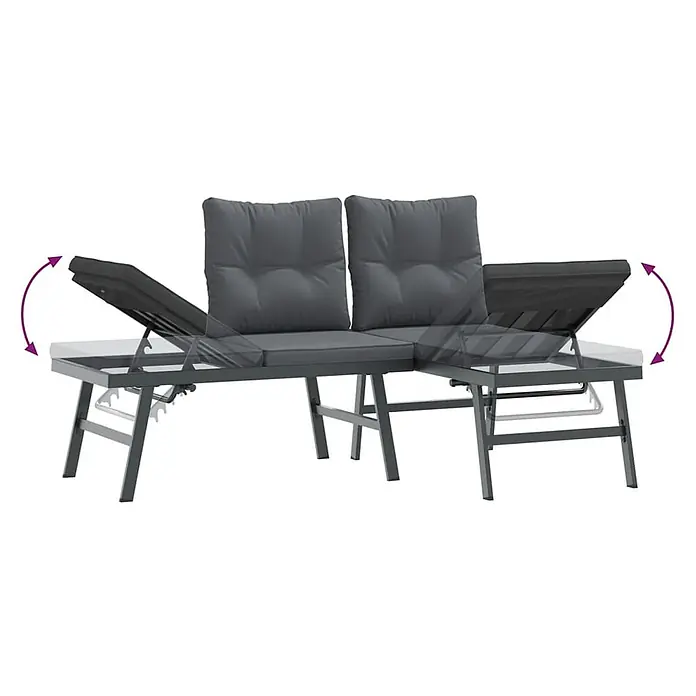Furnicato Gartenbank pulverbeschichtet Anthrazit - B x T x H: 165 x 110 x 76 cm, Schwarz - Dunkelgraue Gartenbank mit Kissen, mit verstellbaren Endteilen zum Liegen.