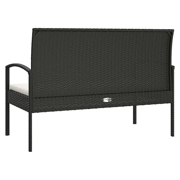 Furnicato Gartenbank - Schwarz und Weiß - Schwarzes Rattan-Gartensofa mit weißen Kissen, von hinten gesehen.