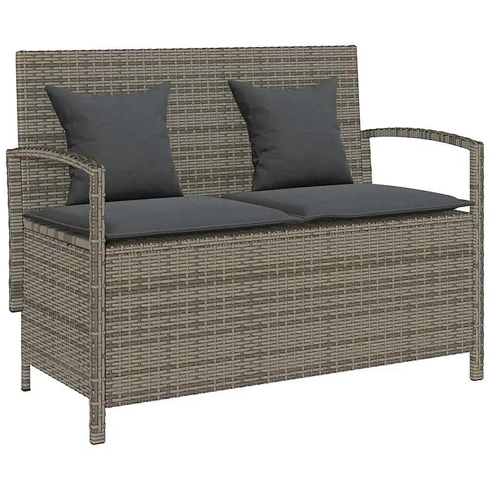 Furnicato Gartenbank - B x T x H: 111 x 56 x 87 cm, Grau und Dunkelgrau - Eine graue Rattan-Optik Zweisitzer-Gartenbank mit dunkelgrauen Sitz- und Rückenkissen.