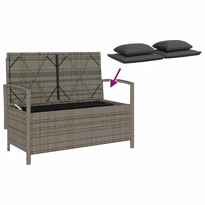 Furnicato Gartenbank - B x T x H: 111 x 56 x 87 cm, Grau und Dunkelgrau - Graue Rattan-Sitzbank mit offenem Deckel, schwarzem Innenfutter und separaten dunkelgrauen Kissen/Auflagen.