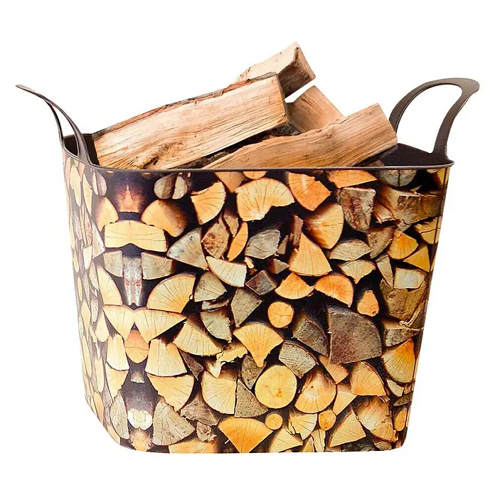 Lienbacher Cesta para leña - 40 x 52 x 38 cm, Plástico, Marrón - Cesta de leña con un estampado de madera, llena de leña real, ideal para chimeneas o como decoración para un ambiente acogedor.