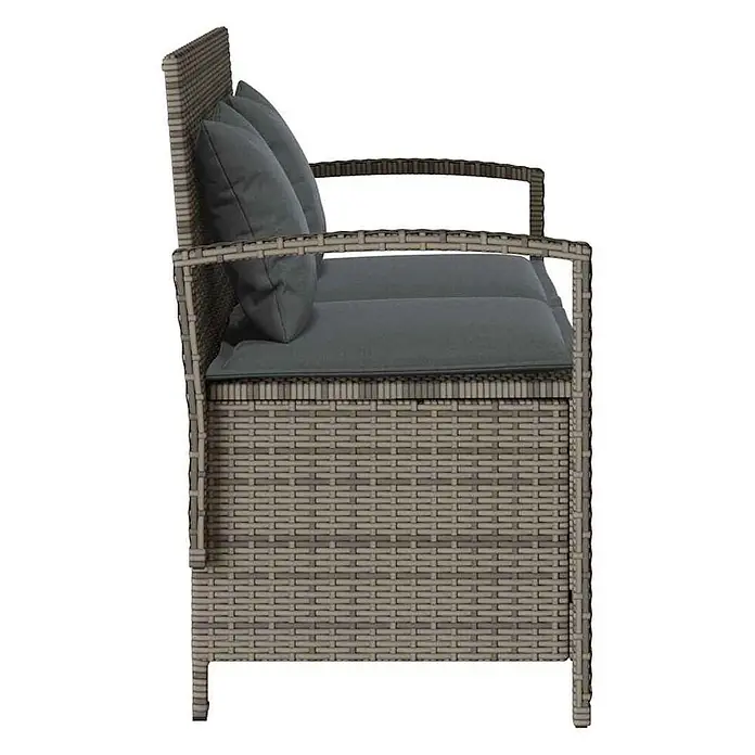 Furnicato Gartenbank - B x T x H: 111 x 56 x 87 cm, Grau und Dunkelgrau - Graues Polyrattan Outdoor-Sofa mit dunkelgrauen Kissen, Seitenansicht.
