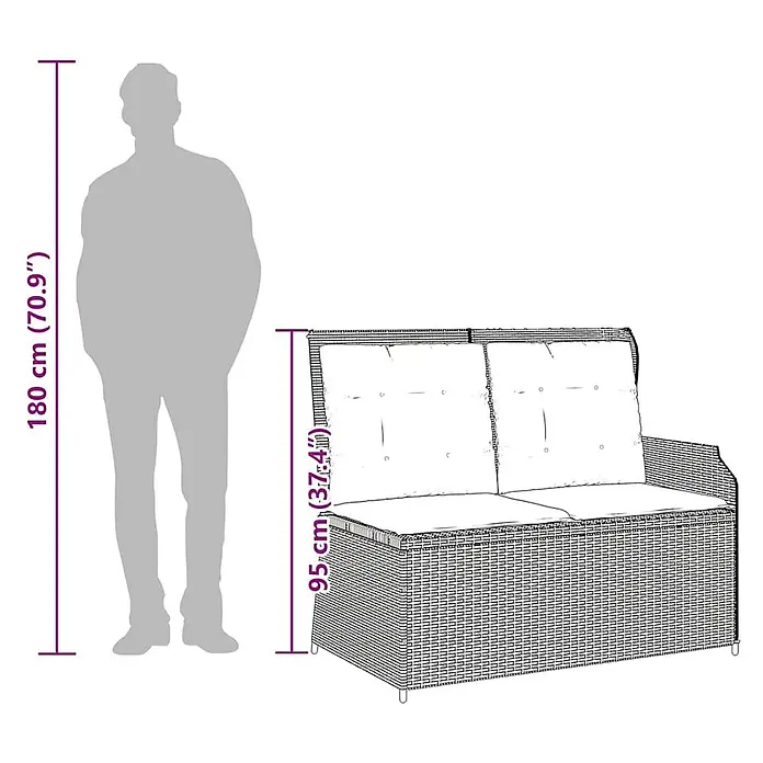 Furnicato Gartenbank - B x T x H: 95 x 95 x 95 cm, Beige und Creme - Zweisitzer-Rattansofa mit Kissen, mit einer Person zum Größenvergleich.