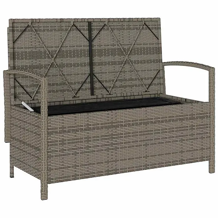 Furnicato Gartenbank - B x T x H: 111 x 56 x 87 cm, Grau und Dunkelgrau - Graue Outdoor-Aufbewahrungsbank in Rattanoptik, Deckel offen mit schwarzem Innenfutter.