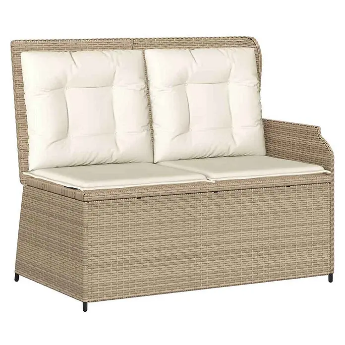 Furnicato Gartenbank - B x T x H: 95 x 95 x 95 cm, Beige und Creme - Beige Rattan-Sitzbank mit Stauraum für zwei Personen und cremefarbenen Kissen.