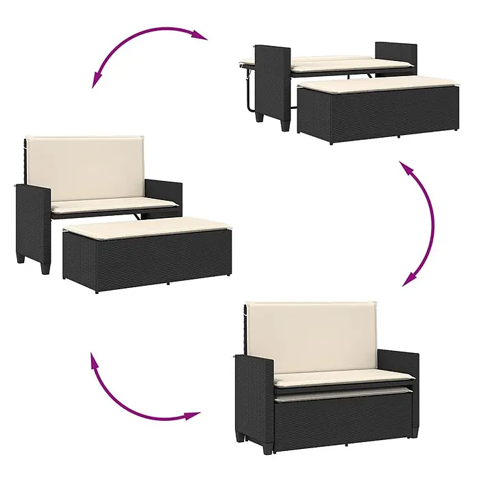 Furnicato Gartenbank - B x T x H: 55 x 55 x 97 cm, Schwarz - Verwandelbares schwarzes Rattan-Gartenmöbelset mit cremefarbenen Kissen, gezeigt als Sitzgelegenheit, Esstisch und kompakt verstaut.
